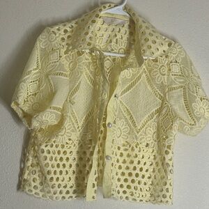 Yellow Lace Button-Up Blouse